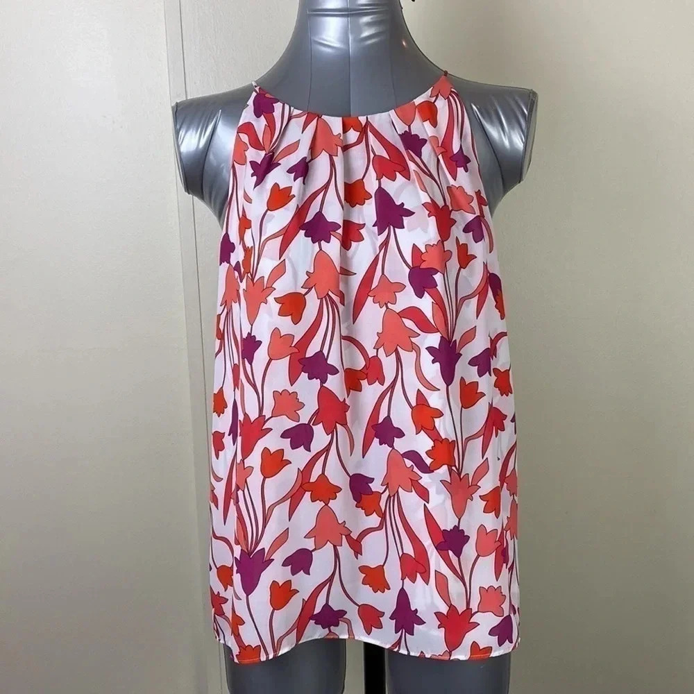 Floral print Business  casual halter high neck pink white purple top size medium